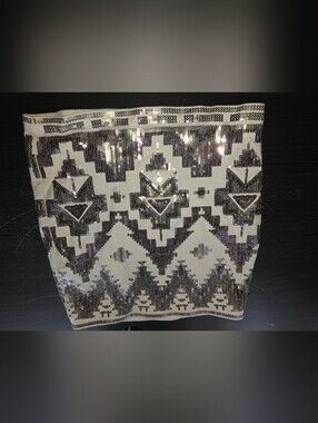 Express Cream Mini Skirt with Silver Sequin Geometric Pattern